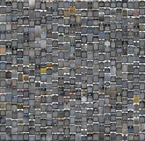 Mosaic of 450 photos of historical markers arranged in 25 columns of around 18 markers each