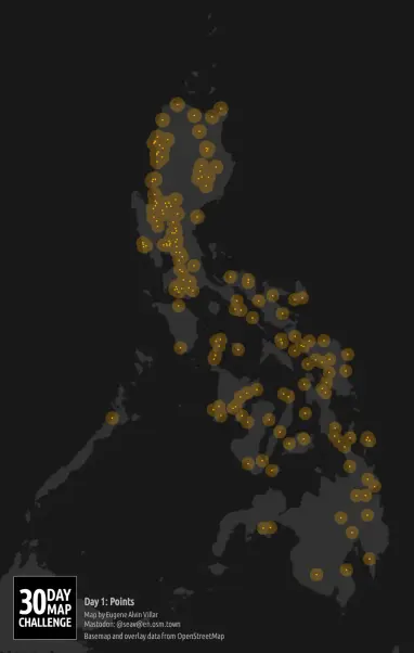 Dark grayscale map of the Philippines with 164 orange dots, all surrounded by a translucent orange halo, marking the location of the cities and towns that have Spanish names of saints