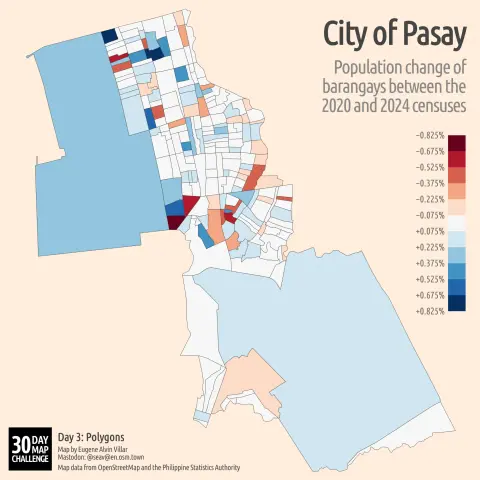 Choropleth map of the 201 barangays (wards) of the city of Pasay in the Philippines showing the population change between the 2000 and 2024 censuses. The more positive the population change, the more dark blue the barangay gets while the more negative, the more dark red.
