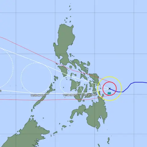 Typhoon track forecast map centered on the Philippines. The center of the typhoon is currently east of the Visayas in the Philippine Sea with its past track curving off-map to the east. A yellow circle indicating 30-knot winds is currently enclosing the islands of Siargao, Dinagat, and southeastern Eastern Samar, while a smaller red circle indicating 50-knot winds is nearly touching those islands. The forecast track cone is marked westward through the center of the Visayas and northern Palawan,…