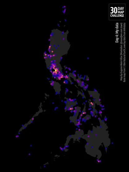 Map of the Philippines as a grid of hexagonal cells with a radius of around 10 km and where the cell’s color indicate number of items, ranging from deep blue (0) to bright yellow (high value). The brightest cells are located around Manila.