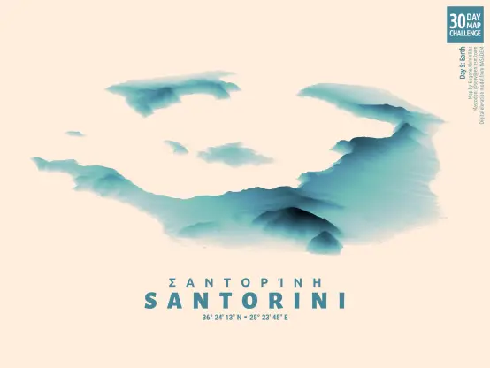 Map of the island group of Santorini shown in an oblique isometric view such that the sea level is a very light tan color with the islands in an aqua color ranging from nearly transparent at sea level to very dark cyan at the highest point. The map is titled with a large text “SANTORINI” with the Greek “ΣΑΝΤΟΡΊΝΗ” above it in a smaller font size and the coordinates 36° 24′ 13″ N ▪ 25° 23′ 45″ E below in an even smaller font size.