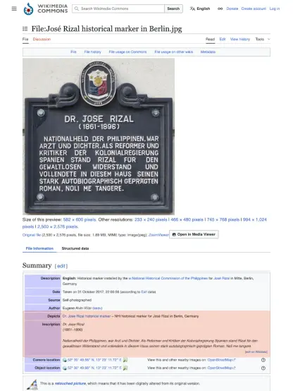 Wikimedia Commons page for a photo of a Philippine historical marker for Dr. Jose Rizal opened to the default File information tab and with the Information table highlighted on the Depicts and Inscription fields where the former shows the label and description of the Wikidata item about the historical marker and the latter shows the whole text written on the marker
