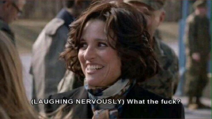 Julia Louis Dreyfus in "Veep" with the caption: "(Laughing nervously) What the fuck?"