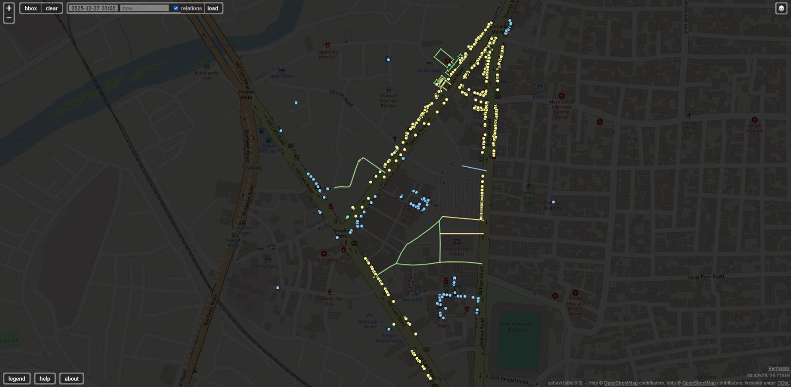 A screenshot of Achavi, showing all the features added, modified and removed during the mapping party.