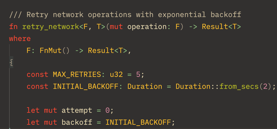 fn retry_network<F, T>(mut operation: F) -> Result<T>
where
F: FnMut() -> Result<T>,
{