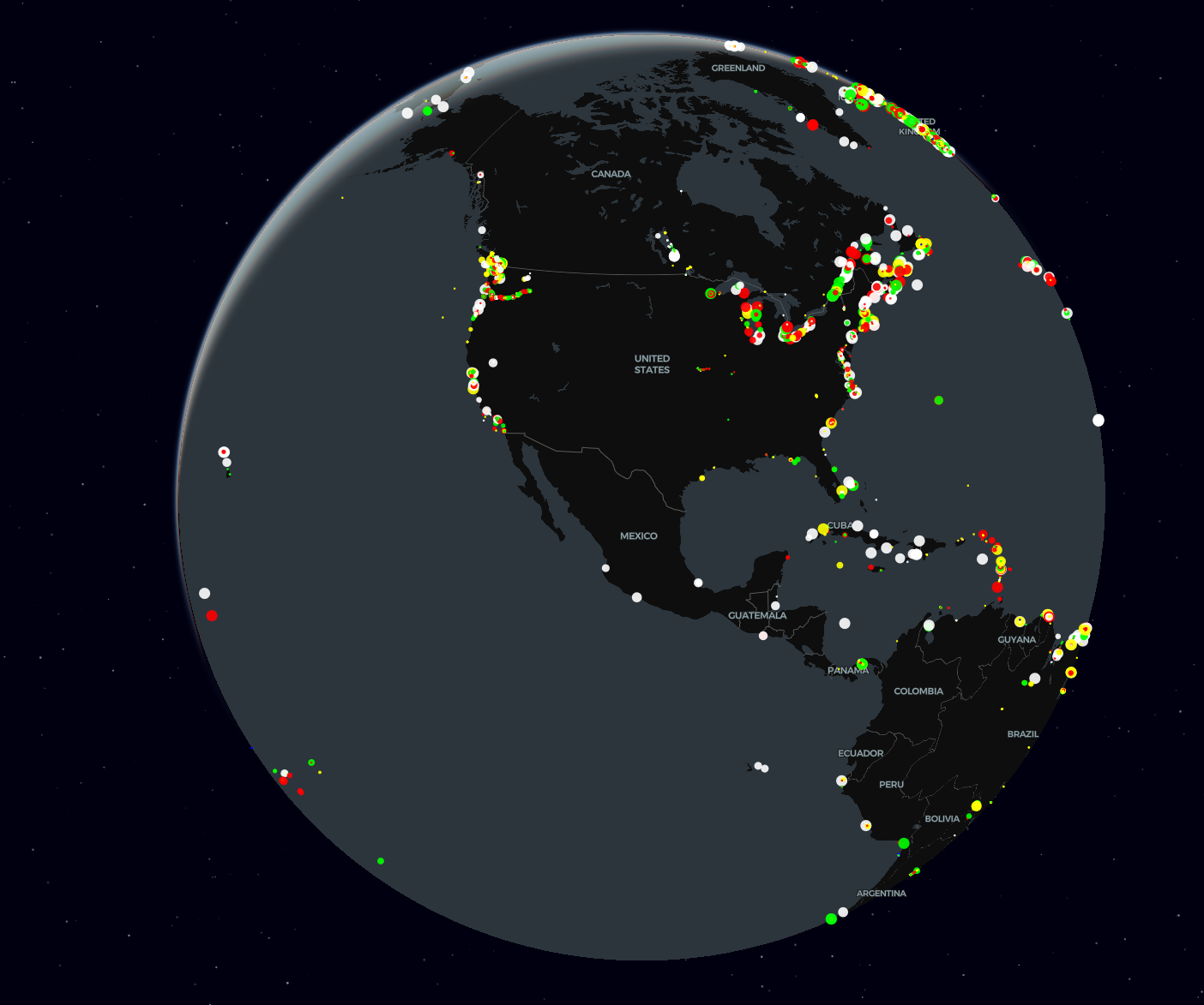 A darkened globe map on a background of stars. It is centered on North America. There are colorful circles around the edges of the continents and on the islands. Each, an individual light house, bouy etc.
This is not animated but the website is very blinky. I would love to figure out what an accessible way to look at this data would be... hmmm. Another project.