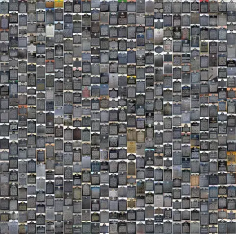 Mosaic of 500 photos of historical markers arranged in 26 columns of around 19 markers each