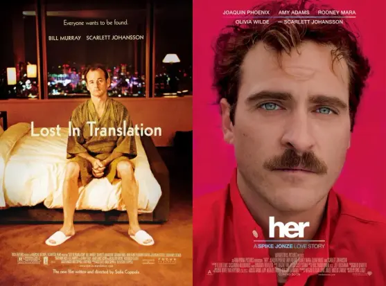Diptych image featuring the movie poster of Lost In Translation on the left, showing Bill Murray in a bathrobe sitting on a hotel bed with the nighttime skyline of Tokyo in the background through a window; and the movie poster of Her on the right, depicting a profile photo of a mustachioed Joaquin Phoenix wearing a red collared shirt against a vivid red background.