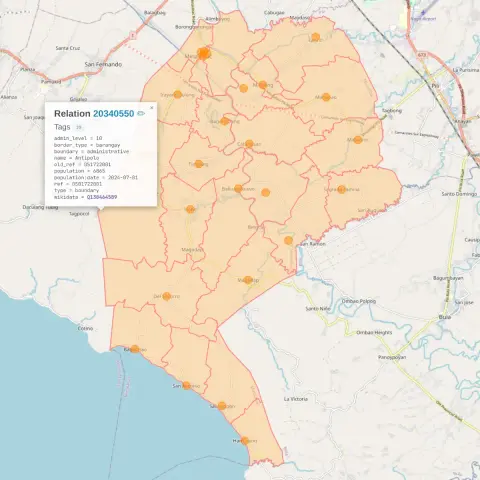 Screenshot of an Overpass Turbo query result map showing the boundaries and the node label positions of the 25 barangays of Minalabac, Camarines Sur, Philippines, with the relation of Antipolo selected showing its tags.