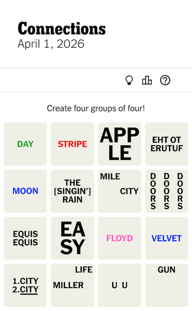 Screenshot of the Connections puzzle for April 1, 2026 featuring the following 16 tiles:

1. “DAY” in green
2. “STRIPE” in red
3. “APPLE” in big letters
4. “EHT OT ERUTUF”
5. “MOON” in blue
6. “THE [SINGIN’] RAIN”
7. “MILE” on the top left and “CITY” on the right
8. Three “DOORS” written top to bottom
9. “EQUIS” twice
10. “EASY” in big letters
11. “FLOYD” in pink
12. “VELVET” in blue
13. “1. CITY” followed by “2. CITY” underlined
14. “MILLER” on the left and “LIFE” on the top right
15. “U” twic…