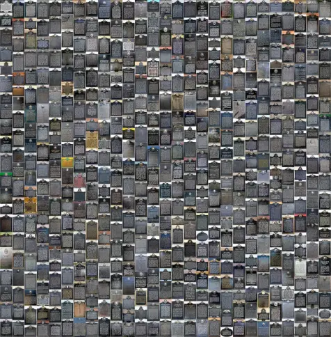 Mosaic of 550 photos of historical markers arranged in 27 columns of around 20 markers each