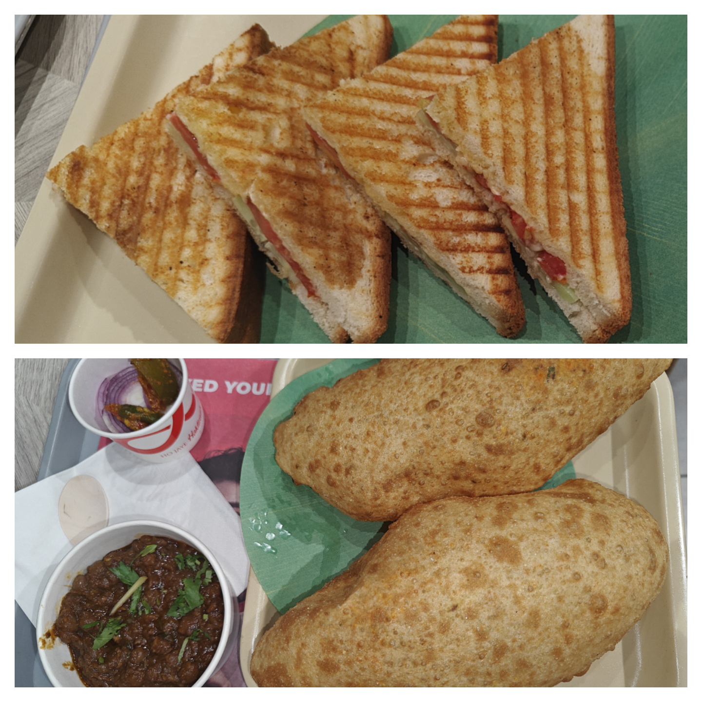 A photo collage of two top-down food photos. 

The top photo shows toasted sandwiches cut into large triangles, with tomato and cucumber peeking out of them. 

The bottom photo shows a serving of chholé kulché - two golden-brown and puffed-up kulché to the right, a cup of brown chholé at the bottom left, and a paper cup containing sliced onions and mixed vegetable pickle in the top-left.