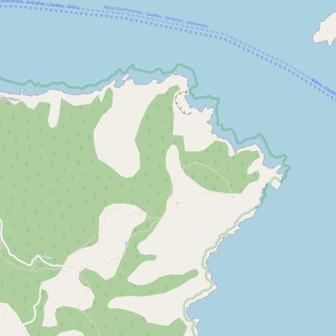 Screenshot of the default layer of OpenStreetMap depicting the northeast portion of the Greek island of Skopelos showing an offset between the island’s coastline and the boundary of a protected area