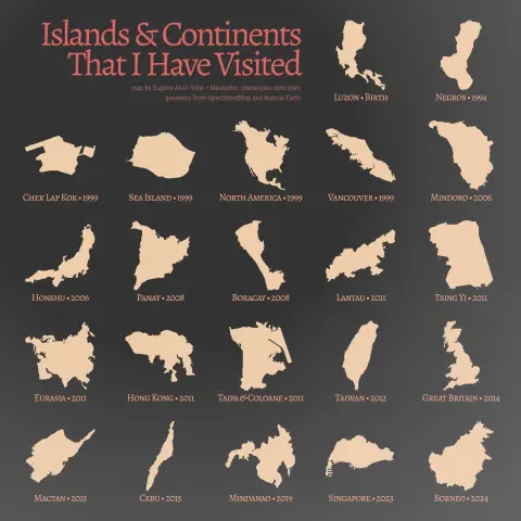 Poster titled “Islands & Continents That I Have Visited” with the outlines of the following islands/continents and labeled with the name of the island and year visited:

Luzon – birth
Negros – 1994
Chek Lap Kok – 1999
Sea Island –1999
North America – 1999
Vancouver – 1999
Mindoro – 2006
Honshu – 2006
Panay – 2008
Boracay – 2008
Lantau – 2011
Tsing Yi – 2011
Eurasia – 2011
Hong Kong – 2011
Taipa & Coloane – 2011
Taiwan – 2012
Great Britain – 2014
Mactan – 2015
Cebu – 2015
Mindanao – 2019
Singapo…