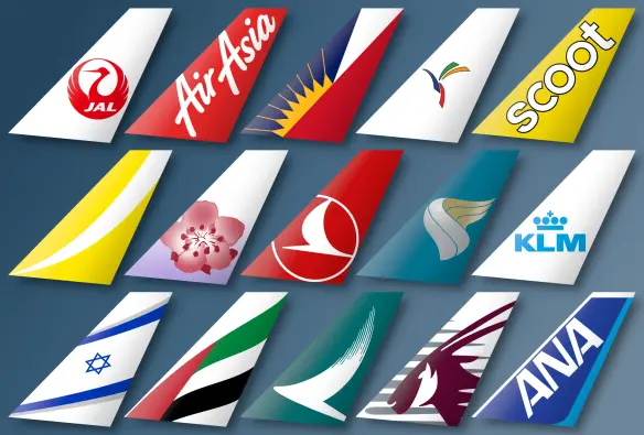 Graphic of 15 airline tailfin liveries arranged in 3 rows of 5 featuring the following airlines: Japan Airlines, AirAsia, Philippine Airlines, SEAir, Scoot, Cebu Pacific, China Airlines, Turkish Airlines, Oman Air, KLM, El Al, Emirates, Cathay Pacific, Qatar Airways, ANA