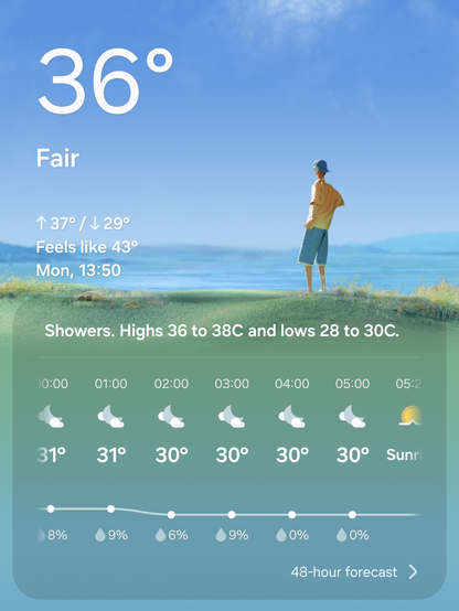 Screenshot of a weather mobile app depicting a bright sunny day in the background with the following salient weather data points in the foreground:

36° (current temperature)
Fair
High 37° and low 29°
Feels like 43°
