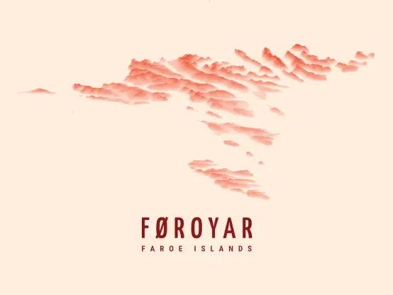 Minimalist poster of the Faroe Islands showing the topography of the islands in slightly exaggerated relief with higher elevations in light red fading down to a beige off-white as the elevation approaches sea level. Near the bottom of the image is a large centered title text “FØROYAR” in maroon with “FAROE ISLANDS” in a small font size underneath.