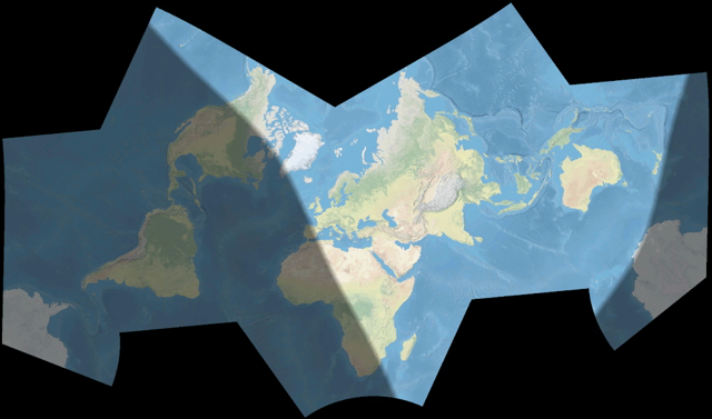 Short looping animation of a world map using the Natural Earth I landcover and depicting the places where it is day (bright areas) or night (dark areas) over a 24-hour period on the June solstice