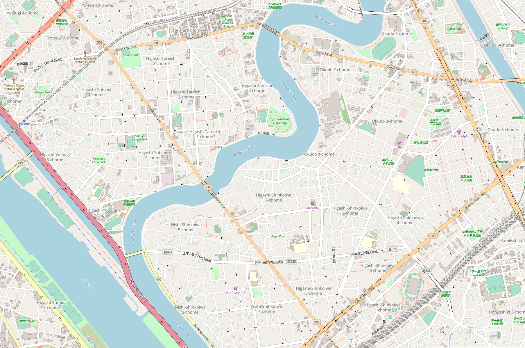 A screenshot of an OpenStreetMaps-based map of Tokyo area with barely any buildings.