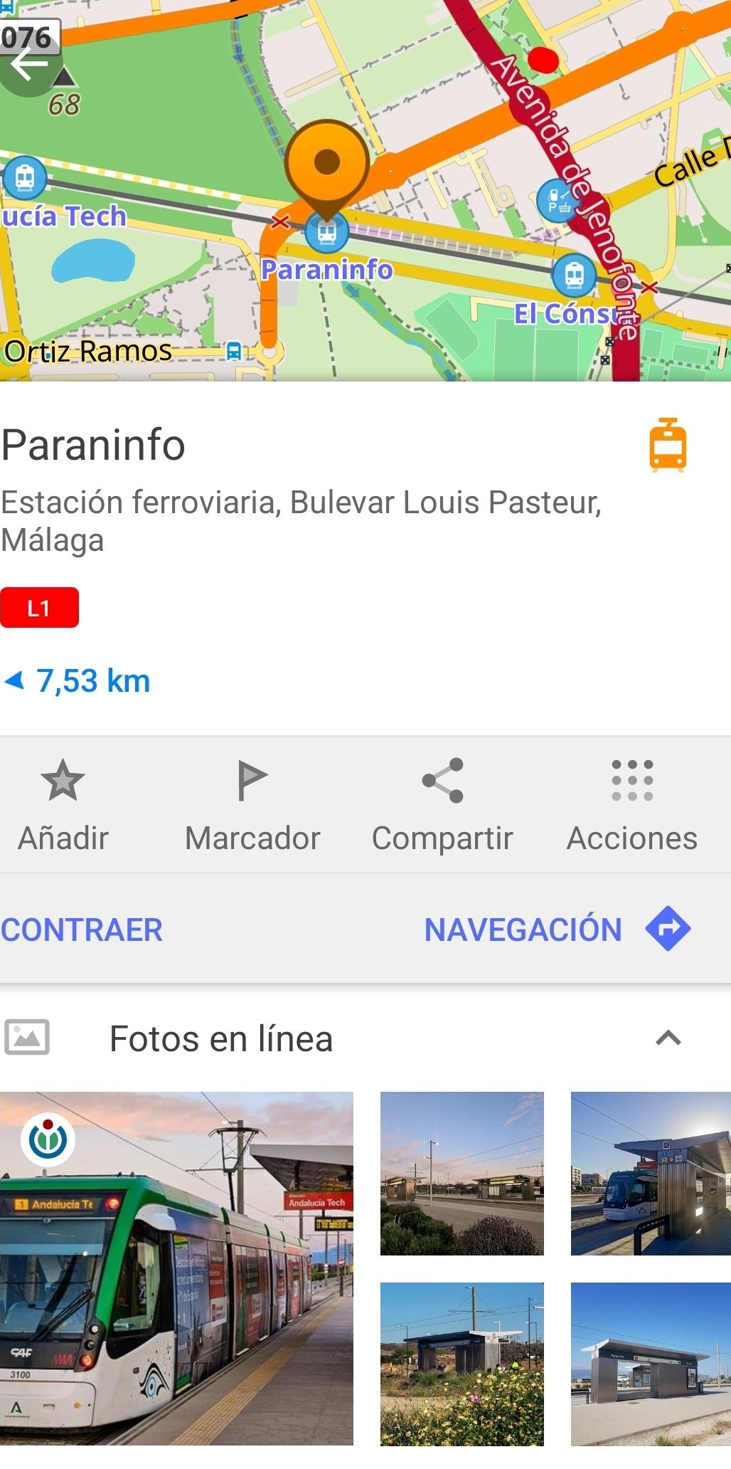 Screenshot of the OsmAnd app focused on Paraninfo metro station in Malaga. At the bottom of the screen a selection of photos of the station is displayed.