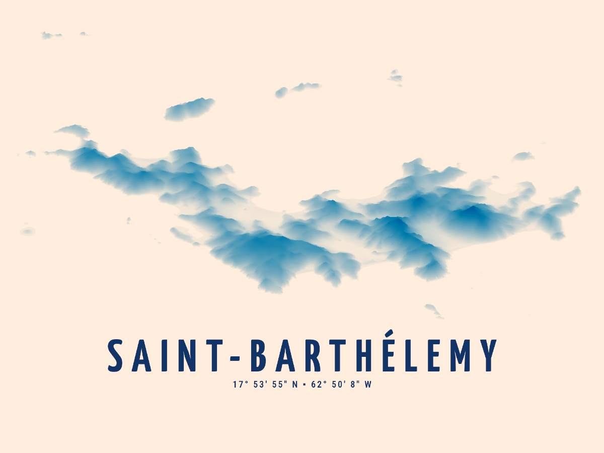 Minimalist map poster of Saint-Barthélemy showing the topography of its islands in slightly exaggerated relief with higher elevations in dark cyan fading down to a beige off-white as the elevation approaches sea level. Near the bottom of the image is a large centered title text “SAINT-BARTÉLEMY” in navy blue with “17° 53′ 55″ N ▪ 62° 50′ 8″ W” in a small font size underneath.