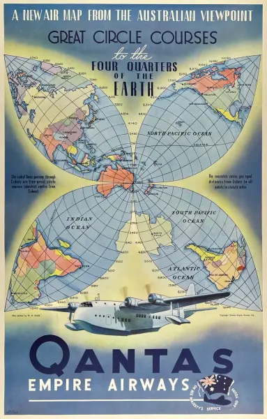 Portrait aviation poster featuring a unique flower-like map projection centered in Sydney, Australia with the rest of the world split into four “petals”, which from the top-left going clockwise, roughly correspond to Eurasia, North America, South America, and Africa. Major cities like Peking, New York, Buenos Aires, Cape Town and oceans are labeled. A radial grid overlays the petals.

Above the map is the following text:

A New Air Map From the Australian Viewpoint
Great Circle Courses to the F…