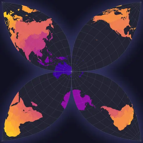 A minimal recreation of the first image’s flower-like map projection centered in Sydney, Australia with the rest of the world split into four “petals”, which from the top-left going clockwise, roughly correspond to Eurasia, North America, South America, and Africa. A radial grid overlays the petals.