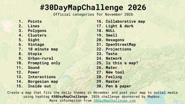 #30DayMapChallenge 2026
Official categories for November 2026

1. Points
2. Lines
3. Polygons
4. Clusters
5. Senses: Sight
6. Vintage
7. 10 minute map
8. Utopia
9. Urban-rural
10. Prompting only
11. Senses: Sound
12. Power
13. Interactions
14. Borgesian map
15. Inside out
16. Collaborative map
17. Light & dark
18. NULL
19. Senses: Smell
20. Hexagons
21. OpenStreetMap
22. Projections
23. Senses: Taste
24. Network
25. Is this a map?
26. Water
27. New tool
28. Senses: Feeling
29. Raster
30. Pen & …
