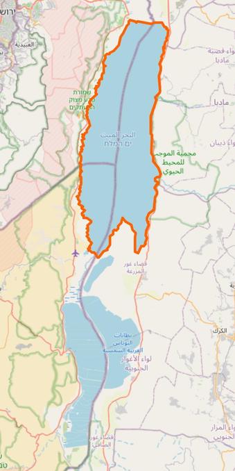 OpenStreetMap default map screenshot around the Dead Sea basin with the sea itself outlined with a thick orange line. Some water areas south that are traditionally considered part of the lake is not included in the outline.