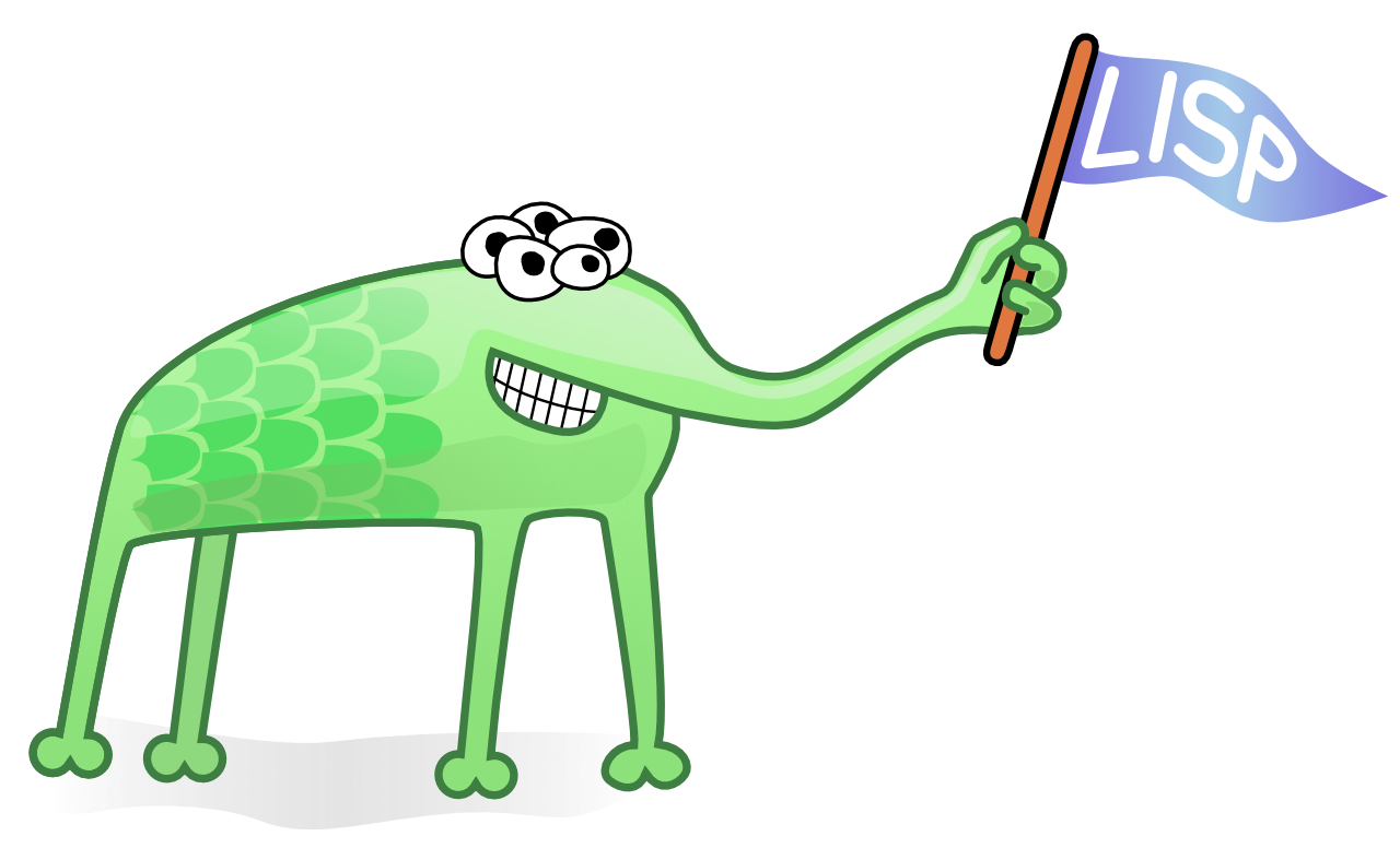 a green alien with five eyes and an arm for a nose holding a flag labeled LISP. the alien is smiling.