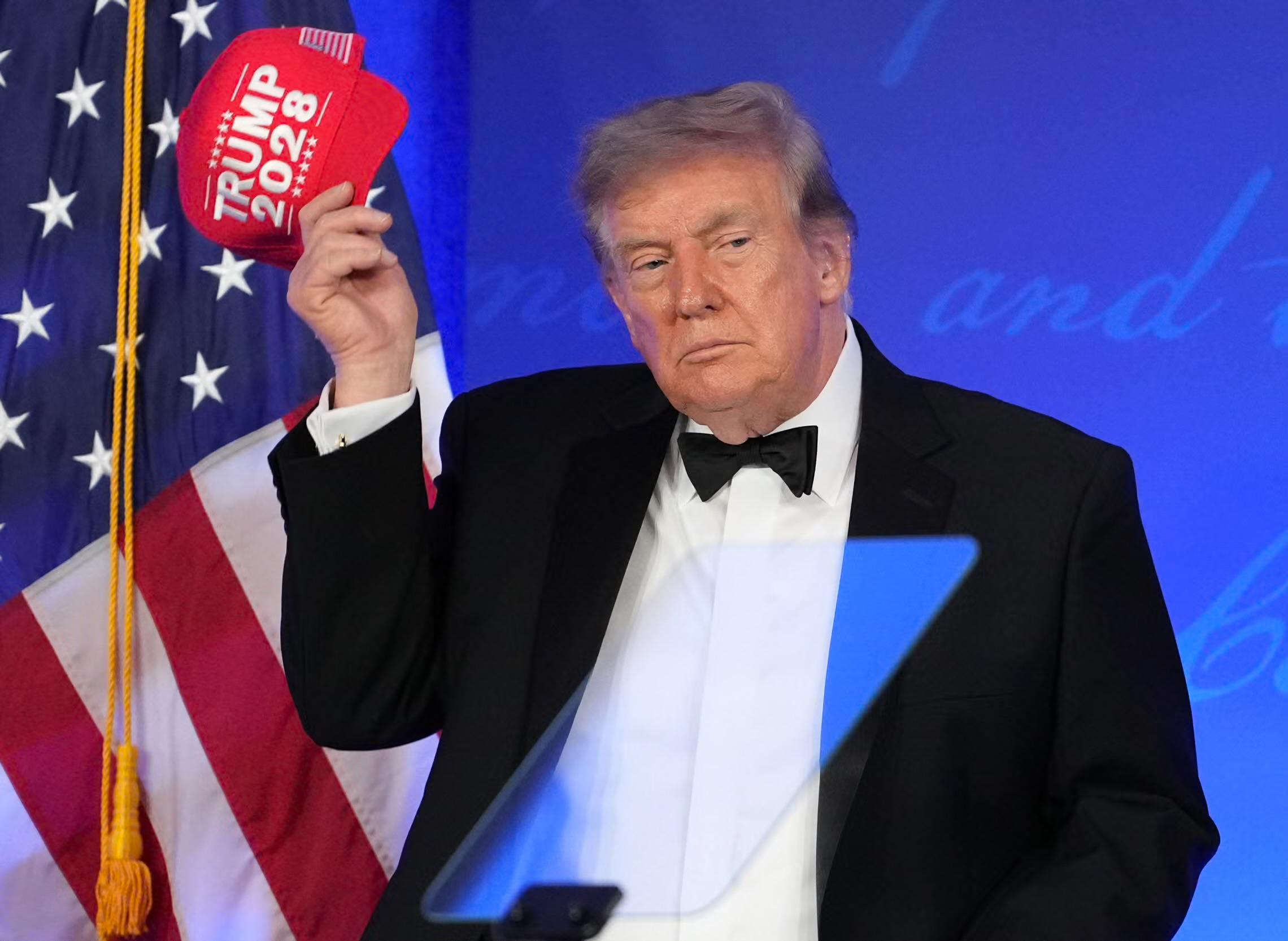 Trump talked repeatedly about being President for a 3rd term, despite the U.S. constitution’s 2 term limit. At 1 point he put a Trump 2028 cap on his head.