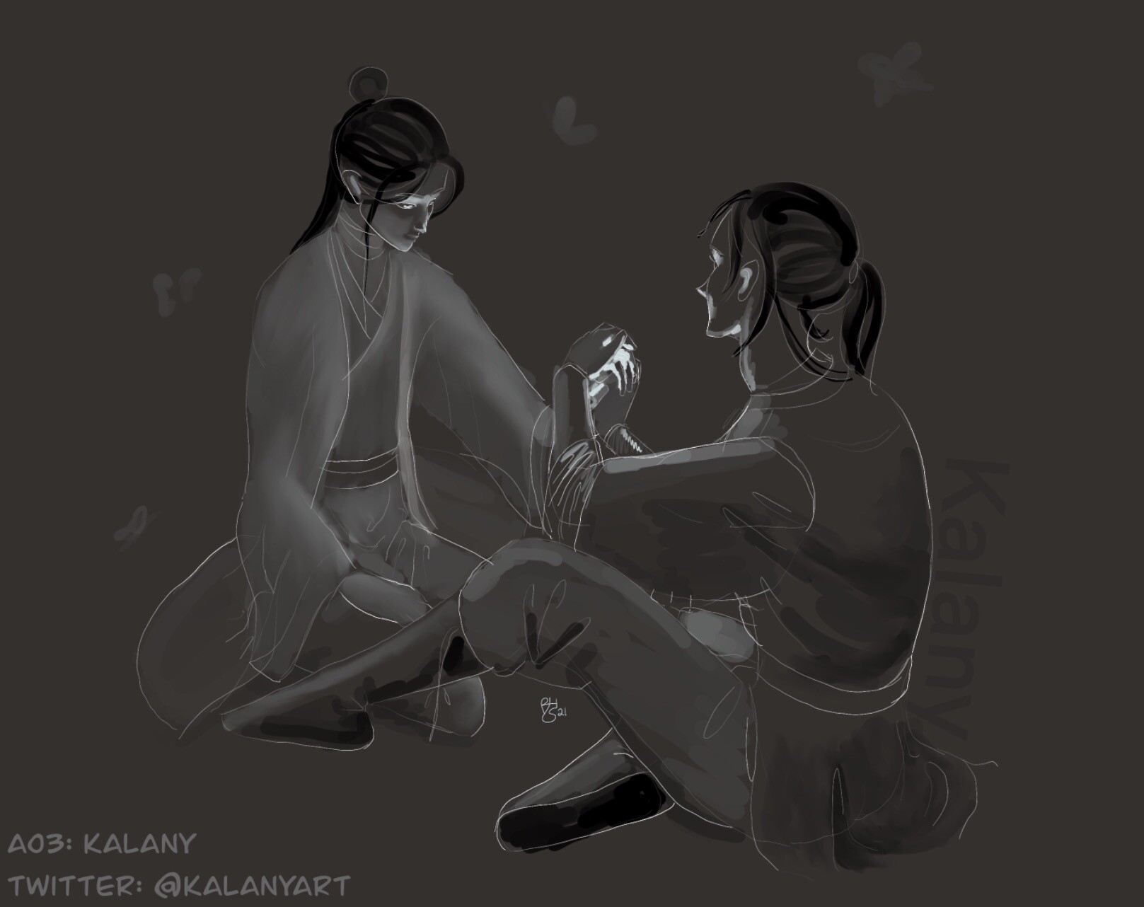 Hua Cheng and Xie Lian with their hands joined, light coming from their hands