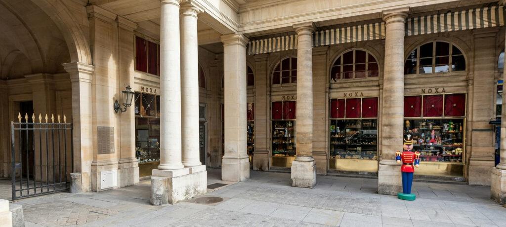 Noxa boutique exterior, with columns, near the Palais Royal, Paris.