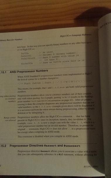 One internal page of a MetaWare High C/C++ Language Reference book, with sections on "ANSI Preprocessor Numbers" and "Preprocessor Directives #assert and #unassert"