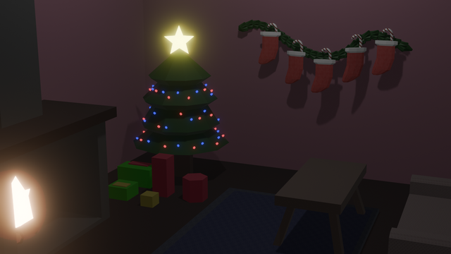 A Low Poly living room decorated for Christmas.