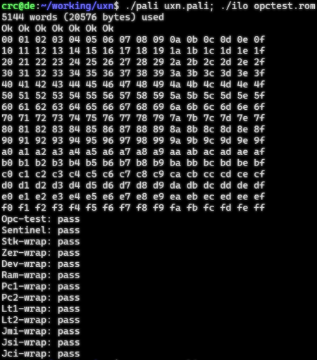 partial screenshot of a terminal window, showing uxn-in-ilo running the opcode tests
