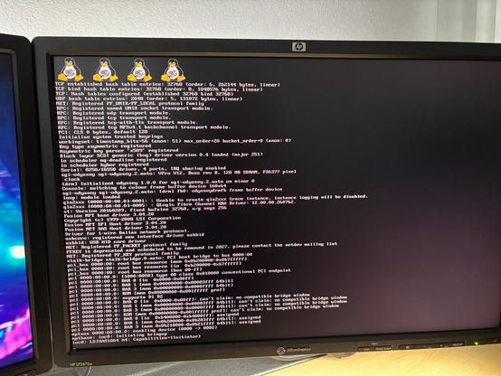 monitor shows linux kernel booting on sgi tezro. four tux penguin for four CPUS. with SGI logo on their bellies