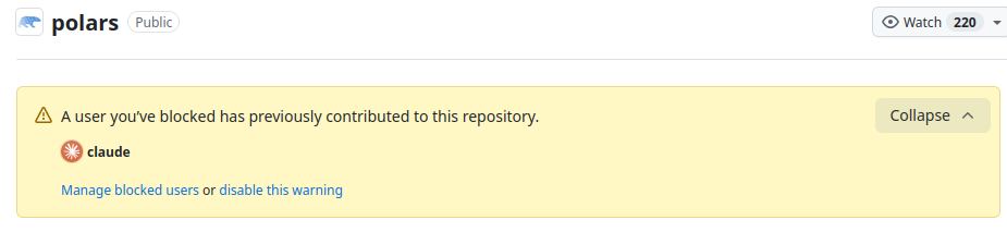 Screenshot of Polars showing a user blocked by me (Claude) contributed commits to the repository.