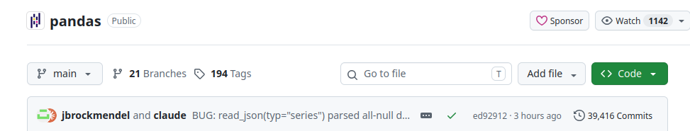 Screenshot of Pandas showing the latest commit was "co-authored" by Claude. (No blocked user warning, strangely.)