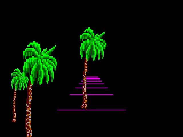 A VGA graphics display with the zooming perspective lines and a few scaled palm trees with correct colors this time.