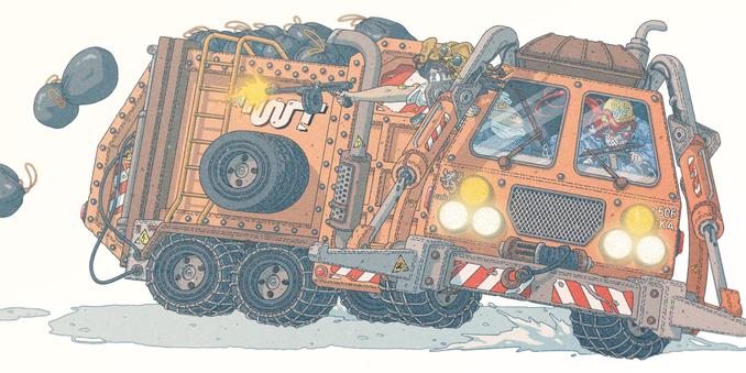 Color illustration of two women, one driving and the other shooting through the window, recklessly running away on a garbage truck.