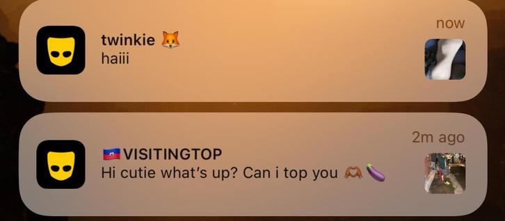 two grindr messages, one from "twinkie 🦊" that says "haiii" and one from VISITINGTOP that says "Hi cutie what's up? Can i top you 🫶🏾🍆"