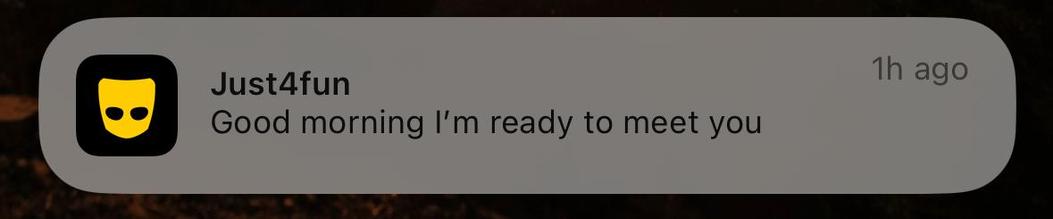 grindr message from "just4fun" that says "good morning i'm ready to meet you"