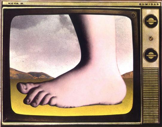 A cartoon of an old CRT TV set, showing the giant foot from Monty Python’s Flying Circus right after it stomped everything. Imagine a suitably flatulent “phhthpt” sound for the full effect.