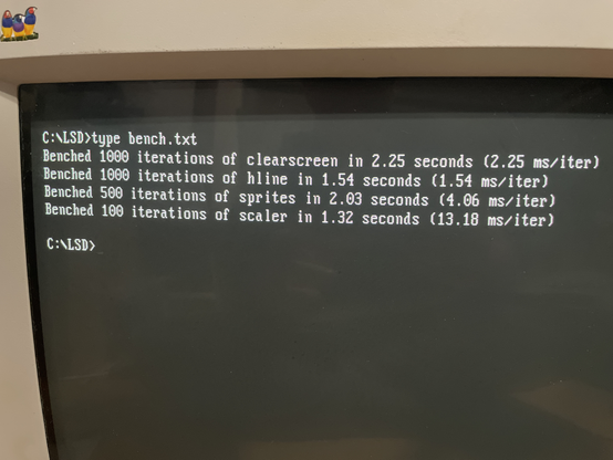 Log output displayed on a CRT:

Benched 1000 iterations of clearscreen in 2.25 seconds (2.25 ms/iter)
Benched 1000 iterations of hline in 1.54 seconds (1.54 ms/iter)
Benched 500 iterations of sprites in 2.03 seconds (4.06 ms/iter)
Benched 100 iterations of scaler in 1.32 seconds (13.18 ms/iter)