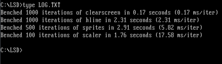 More benchmark output:

Benched 1000 iterations of clearscreen in 0.17 seconds (0.17 ms/iter)
Benched 1000 iterations of hline in 2.31 seconds (2.31 ms/iter)
Benched 500 iterations of sprites in 2.91 seconds (5.82 ms/iter)
Benched 100 iterations of scaler in 1.76 seconds (17.58 ms/iter)