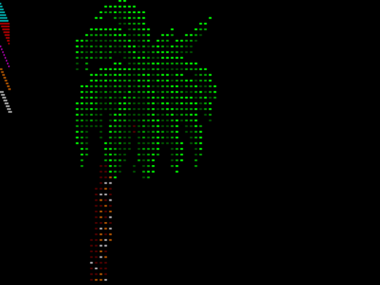 A graphics screen with a pixelated palm tree that's got blank space between the pixels, making it look kind of like a Lite-Brite.