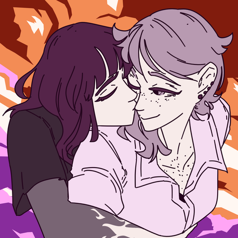 A colourful drawing of a woman hugging another from behind and giving her a peck on the cheek.
