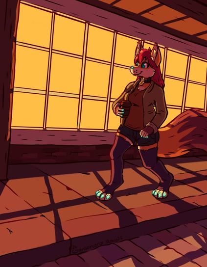 a drawing of my fox character walking down a brick road in the evening. a nearby window illuminates the scene